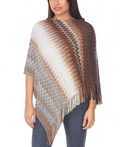 White Mark Women's Chevron Knit Fringed Hem Poncho Sweater