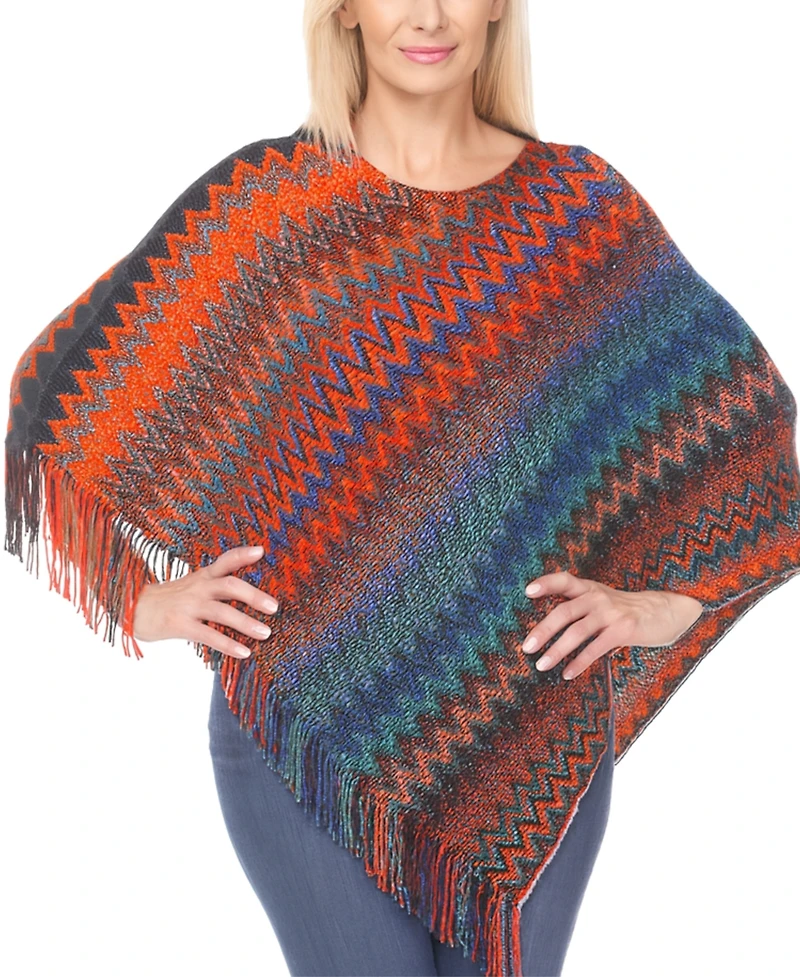 White Mark Women's Chevron Knit Fringed Hem Poncho Sweater