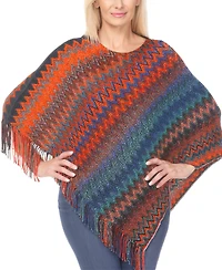White Mark Women's Chevron Knit Fringed Hem Poncho Sweater