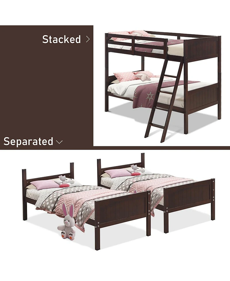Gymax Wooden Twin Over Twin Bunk Beds Convertable 2 Individual Twin Beds