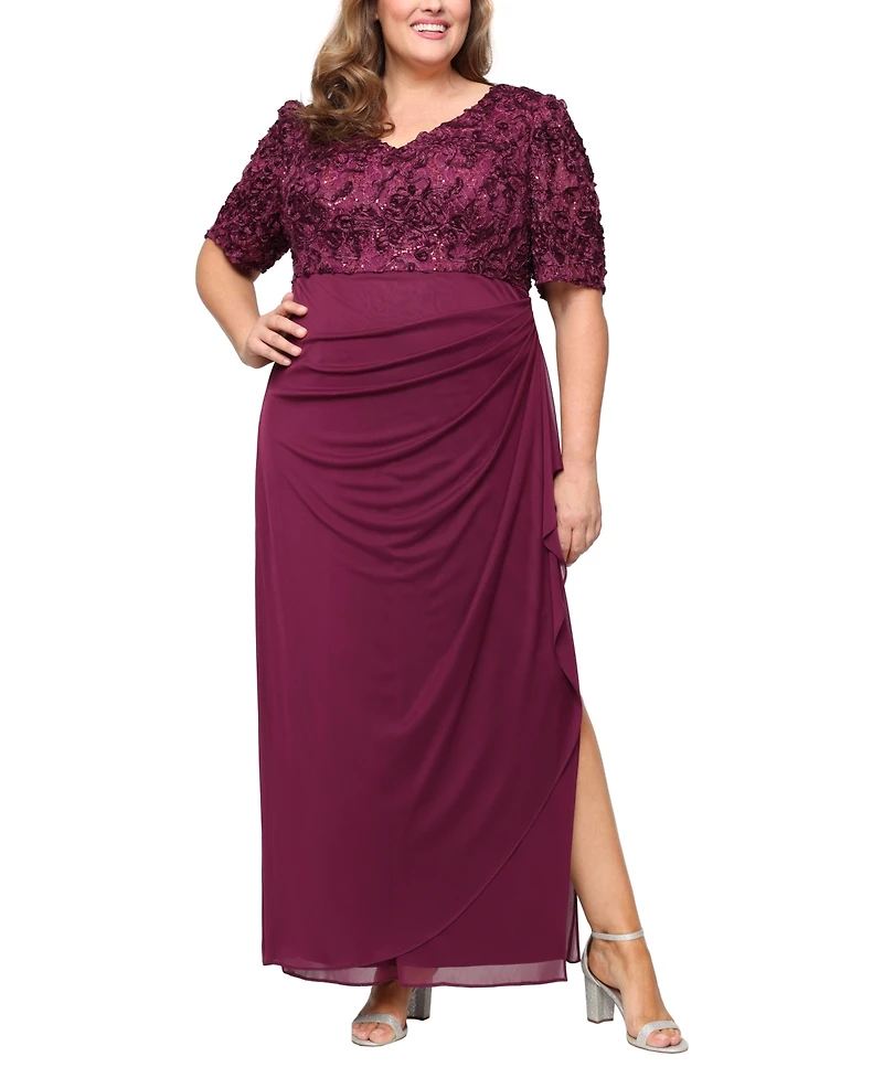 Alex Evenings Plus Soutache Embellished Short-Sleeve Gown
