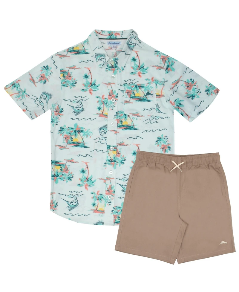 Tommy Bahama Little Boys Button Down Short Sleeve Hawaiian Elastic Woven Shirt and Set