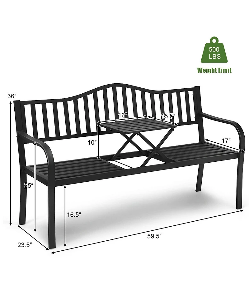 Gymax Park Yard Garden Bench Loveseat Outdoor Furniture w/ Foldable Center Table