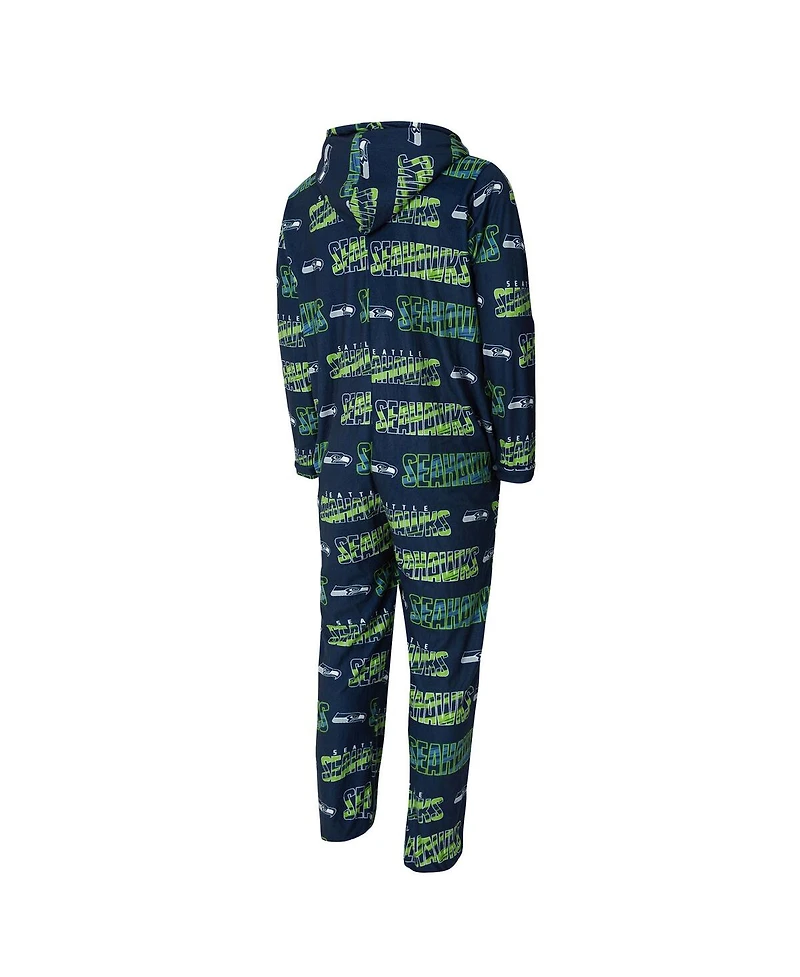 Concept Sport Men's College Navy Seattle Seahawks Shuffle All-Over-Print Microfleece Full-Zip Union Suit