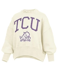 Pressbox Women's Natural Tcu Horned Frogs Oversized Waist-Length Crewneck Sweatshirt