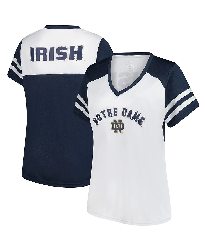 Fanatics Women's White Notre Dame Fighting Irish Plus Rhinestone Glitter Sleeve Stripe V-Neck T-Shirt