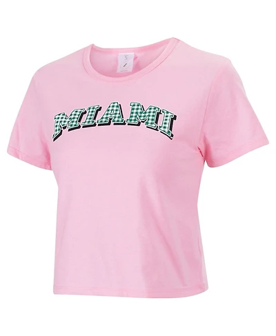 ZooZatz Women's Pink Miami Hurricanes Gingham Logo Cropped T-Shirt