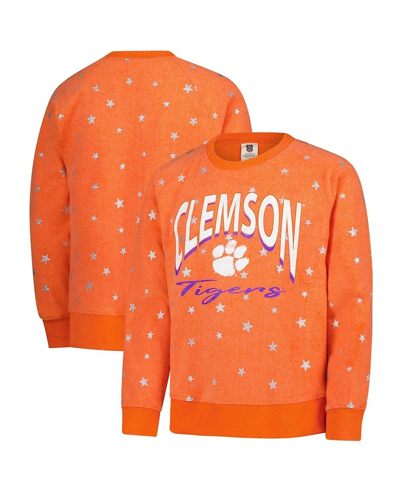 Wes & Willy Big Girls Orange Clemson Tigers Shimmer Star Reverse Sweatshirt
