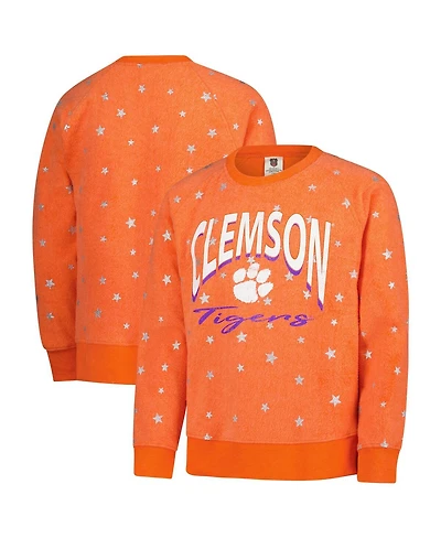 Wes & Willy Big Girls Orange Clemson Tigers Shimmer Star Reverse Sweatshirt