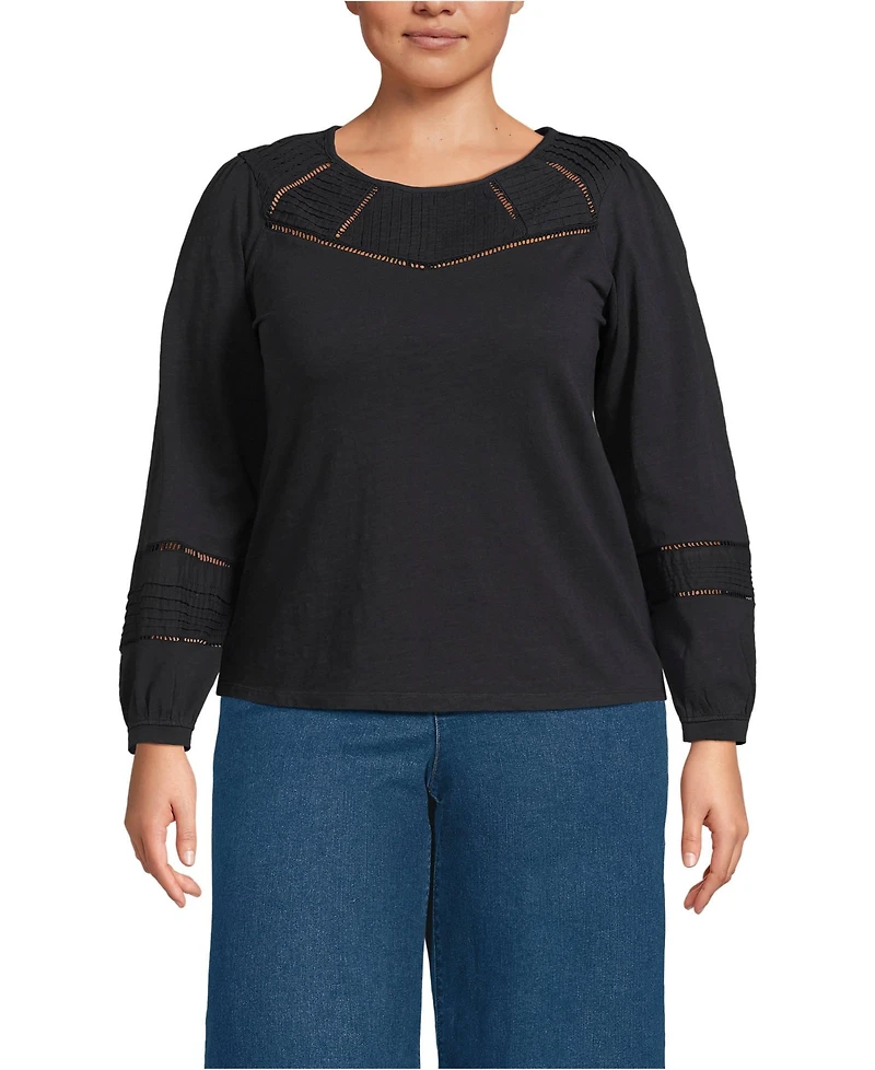 Lands' End Women's Plus Long Sleeve Slub Pintuck Top