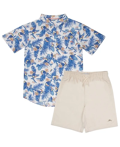 Tommy Bahama Boys Button Down Short Sleeve Hawaiian Elastic Woven Shirt and Set