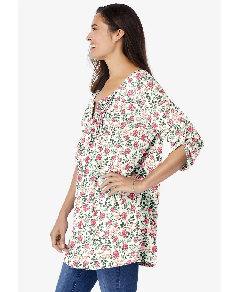 Woman Within Women's 7-Day Three-Quarter Sleeve Pintucked Henley Tunic