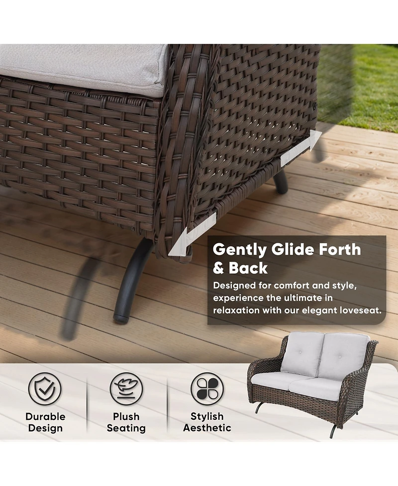 Gymojoy ArcLine 2-Person Wicker Rocking Bench Outdoor Glider Patio Rattan Loveseat with Olefin Cushions