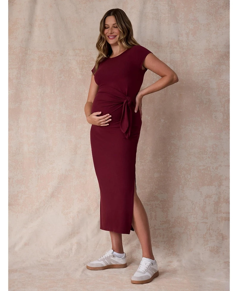 Motherhood Maternity Crew Neck Short Sleeve Side Tie Midi Dress