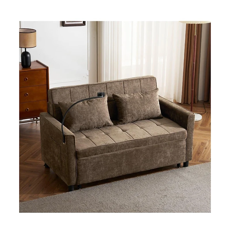 Maison Boucle 56.9" Pull-Out Sleeper Sofa with Usb Ports, Phone Holder & Adjustable Backrest, Convertible Sofa Bed with Pillows-Maison Boucle