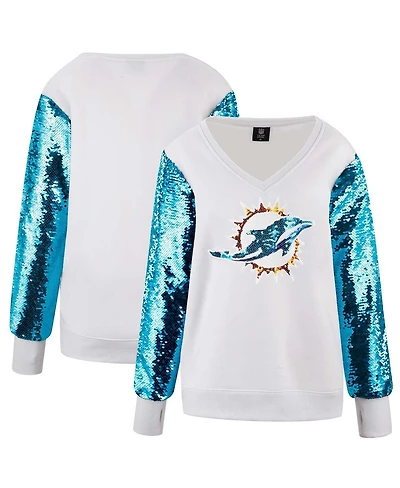 Cuce Women's White Miami Dolphins Sequin Sleeve V-Neck Pullover Sweatshirt