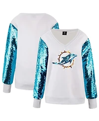 Cuce Women's White Miami Dolphins Sequin Sleeve V-Neck Pullover Sweatshirt