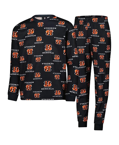 Outerstuff Big Boys and Girls Black Cincinnati Bengals All-Over-Print Long Sleeve T-Shirt and Pants Sleep Set