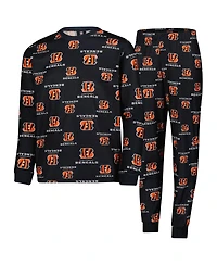 Outerstuff Big Boys and Girls Black Cincinnati Bengals All-Over-Print Long Sleeve T-Shirt and Pants Sleep Set