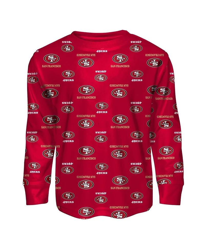 Outerstuff Big Boys and Girls Scarlet San Francisco 49ers All-Over-Print Long Sleeve T-Shirt and Pants Sleep Set