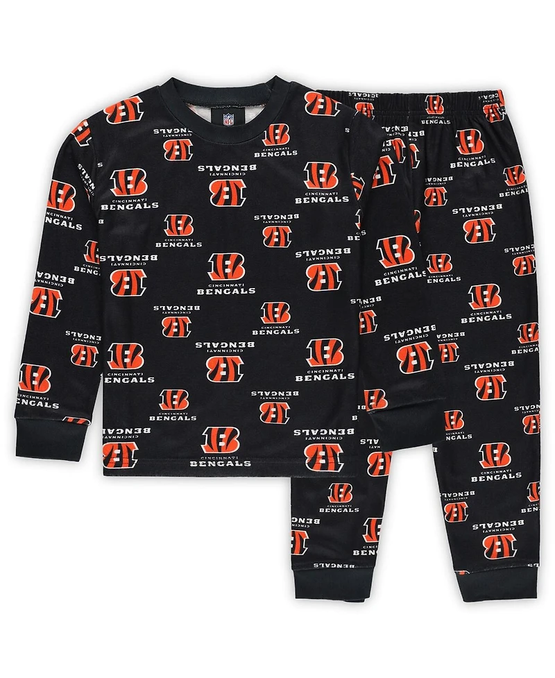 Outerstuff Preschool Black Cincinnati Bengals All-Over-Print Long Sleeve T-Shirt and Pants Sleep Set