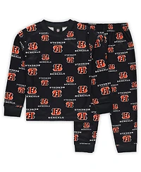 Outerstuff Preschool Black Cincinnati Bengals All-Over-Print Long Sleeve T-Shirt and Pants Sleep Set