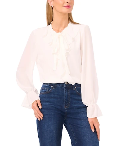 CeCe Women's Long Sleeve Button-Down Ruffle Top