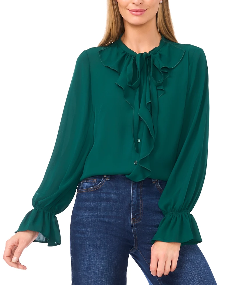 CeCe Women's Long Sleeve Button-Down Ruffle Top