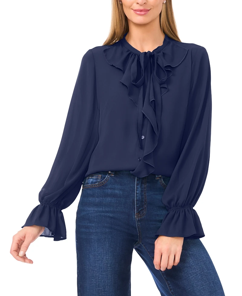 CeCe Women's Long Sleeve Button-Down Ruffle Top