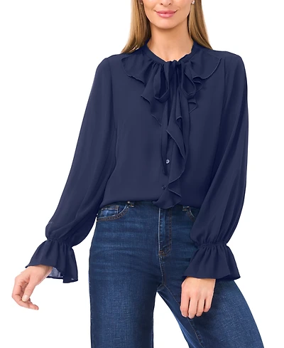 CeCe Women's Long Sleeve Button-Down Ruffle Top