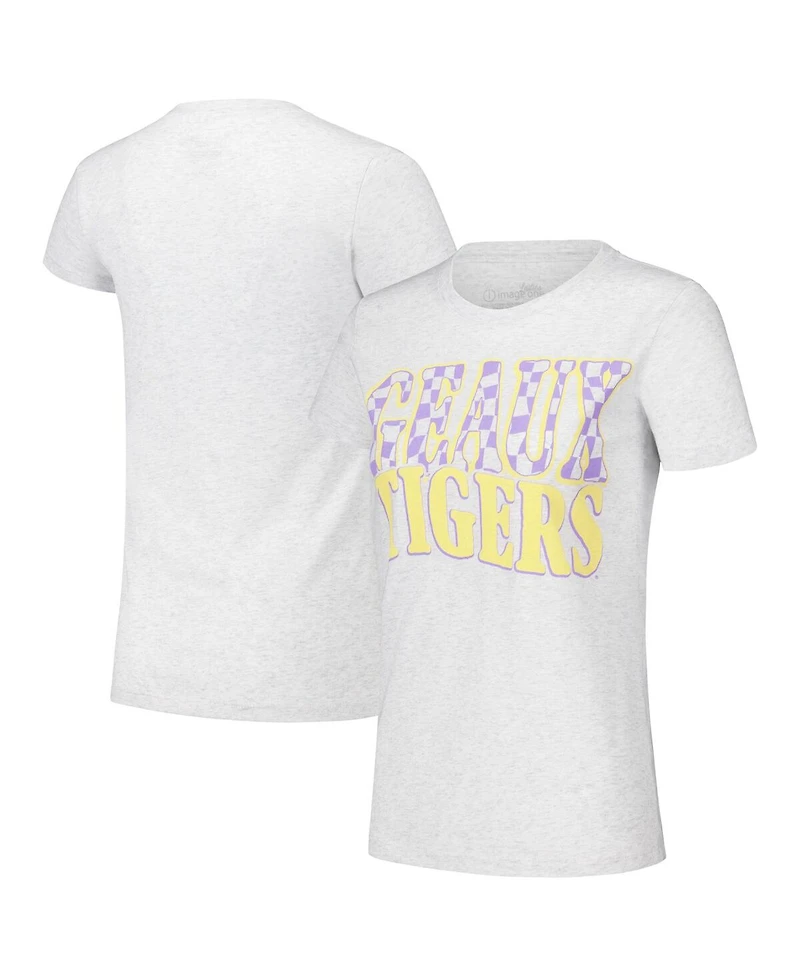 Image One Women's Heather Gray Lsu Tigers Checkered Team Name Wavy Tri-Blend T-Shirt