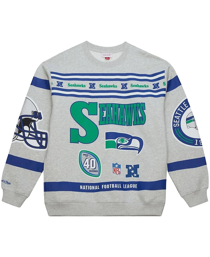 Mitchell & Ness Men's Heather Gray Seattle Seahawks All Over Print Vintage Fleece Crewneck Sweatshirt