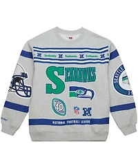 Mitchell & Ness Men's Heather Gray Seattle Seahawks All Over Print Vintage Fleece Crewneck Sweatshirt