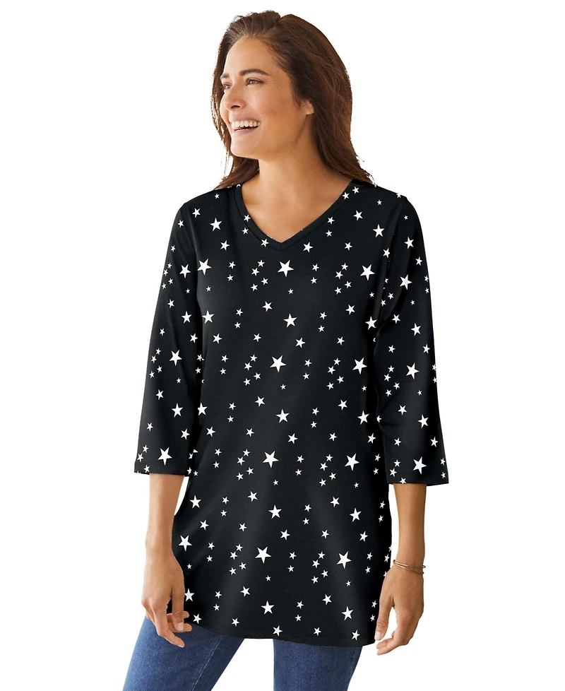 Woman Within Women's Perfect Printed Three-Quarter-Sleeve V-Neck Tunic