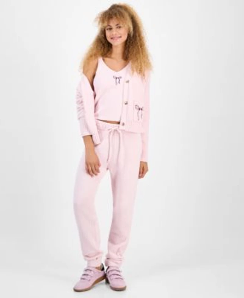 Hippie Rose Juniors Bow Teddy Knit Tank Cardigan Set Bow Teddy Knit Jogger Pants