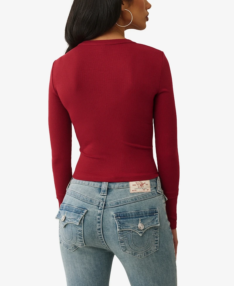 True Religion Women's Ls Printed Ribbed Henley Top