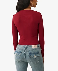 True Religion Women's Ls Printed Ribbed Henley Top