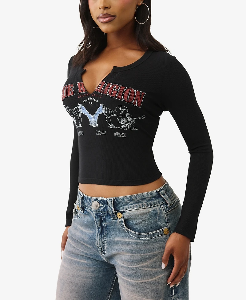 True Religion Women's Buddha V Notch Ribbed Ls T-Shirt