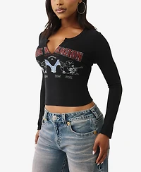 True Religion Women's Buddha V Notch Ribbed Ls T-Shirt