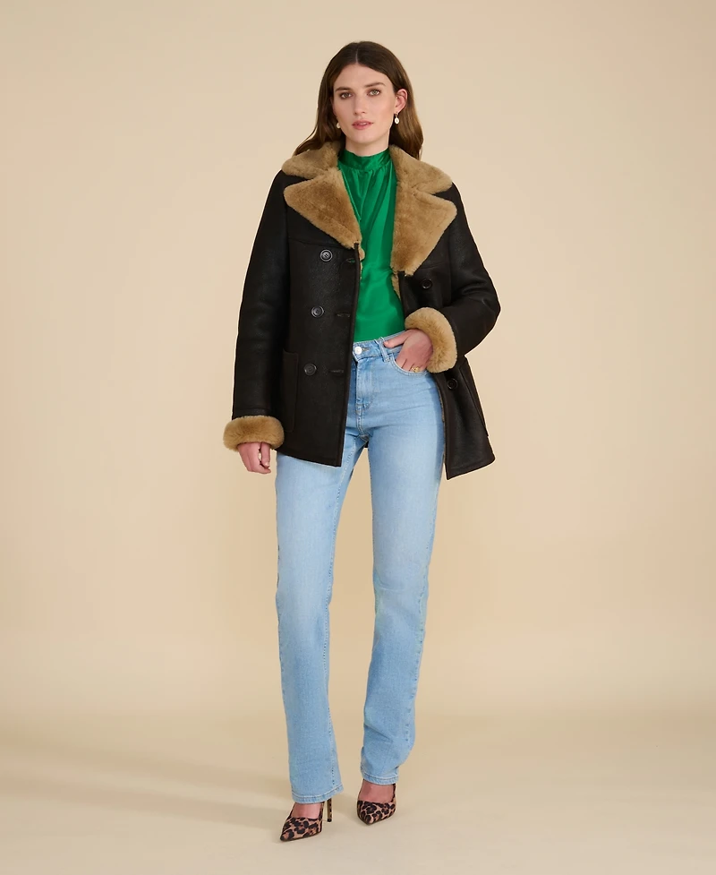 Furniq Uk Women's Leather Sheepskin Peacoat, Brown, Created for Macy's