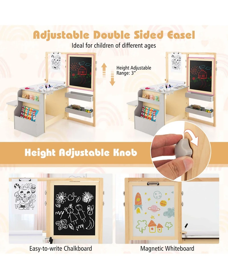 Kids Art Center Wooden Table Bench Set Adjustable Double-Sided Easel Storage
