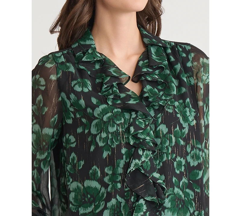 Kasper Women's Printed Ruffle-Front Long-Sleeve Blouse