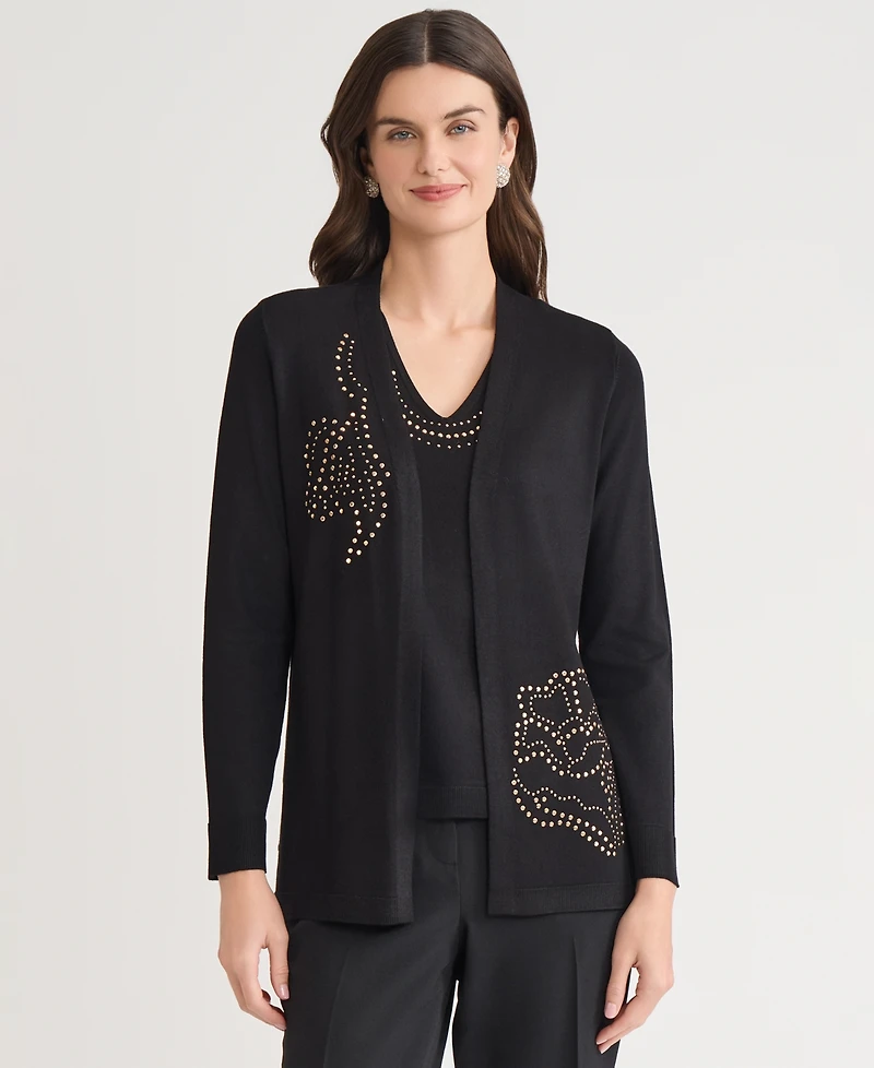 Kasper Women's Stud-Embellished Kissing-Front Long-Sleeve Cardigan