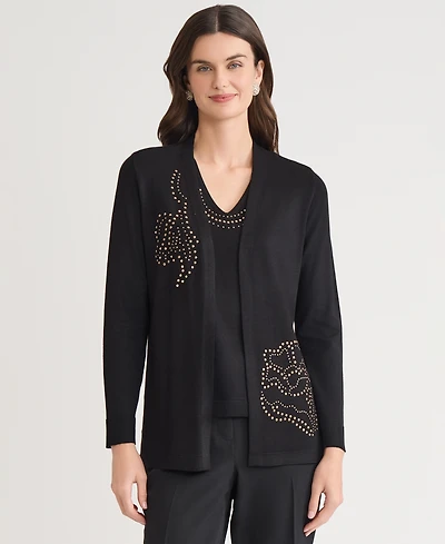 Kasper Women's Stud-Embellished Kissing-Front Long-Sleeve Cardigan