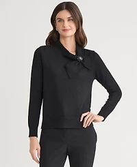 Kasper Women's Beaded-Brooch Tie-Neck Sweater