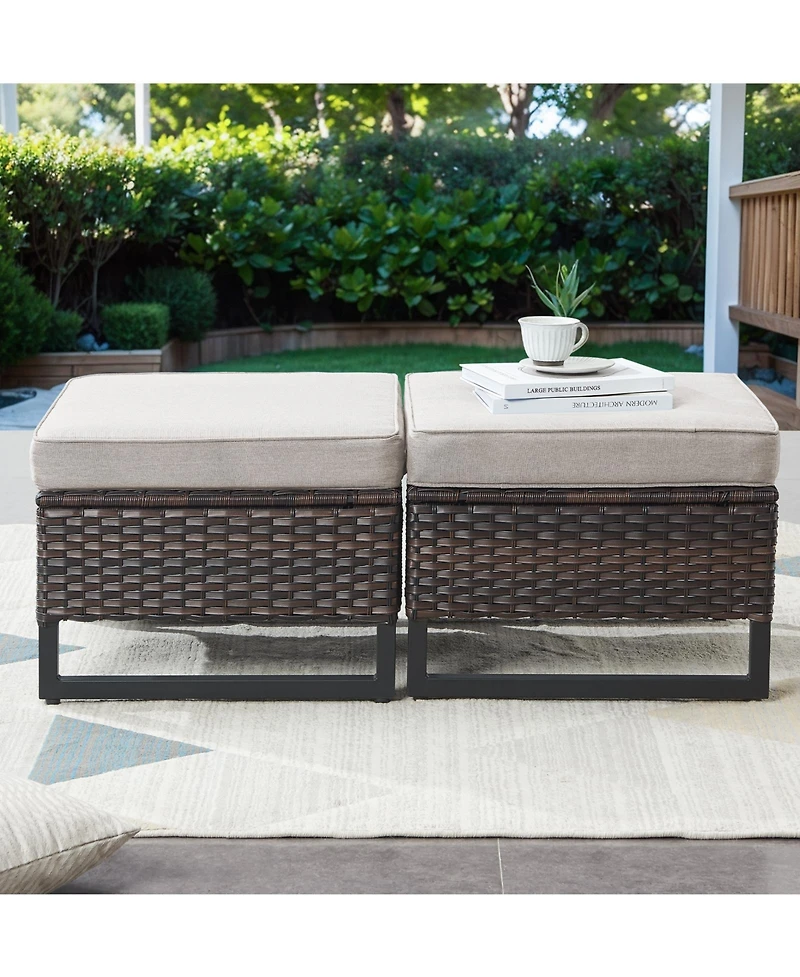 Gymojoy U-Frame Pe Wicker Outdoor Ottoman with Olefin Cushions (Set Of 2