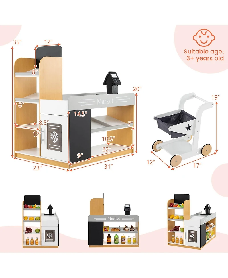 Kids Grocery Store with Shopping Cart Cash Register Scanner Blackboards Toddlers