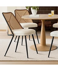 Maison Boucle 5-Piece 39.5" Round Dining Set with Wood-Look Pedestal Table and 4 Faux Rattan Dining Chairs with Upholstered Seats and Metal Legs-Maiso