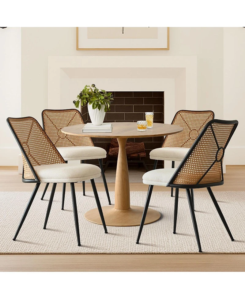 Maison Boucle 5-Piece 39.5" Round Dining Set with Wood-Look Pedestal Table and 4 Faux Rattan Dining Chairs with Upholstered Seats and Metal Legs-Maiso