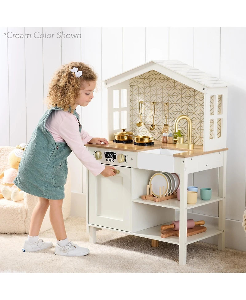 Best Choice Products Pretend Play Wooden Farmhouse Kitchen Set w/ Storage, Clicking Knobs, 5 Accessories